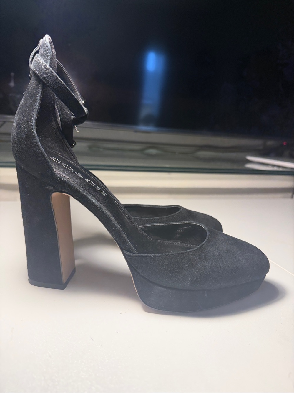 Coach Black Suede Ankle-Strap Block Heel Pumps